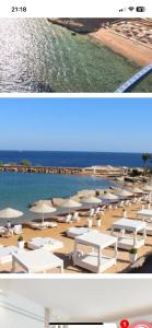 two photographs of a beach with white umbrellas and the ocean at Domina coral bay resort in Sharm El Sheikh