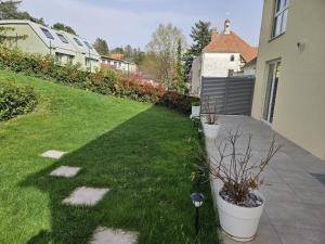 a backyard with a lawn with two potted plants at GardenLoft Terrace no 3 in Vienna