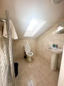 a bathroom with a toilet and a sink with a skylight at Stay In Tooting in London