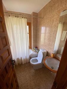 a bathroom with a toilet and a sink and a tub at El Gerbal in Villahoz