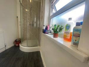 a bathroom with a shower sitting on a window sill at Single Room in Erdington B23 in Birmingham