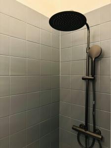 La salle de bains carrelée est pourvue d'une douche avec un pommeau. dans l'établissement Appartement Cosy Liège Station, à Liège