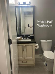 a bathroom with a sink and a toilet and a mirror at Spacious Burnaby Guest Home in Burnaby