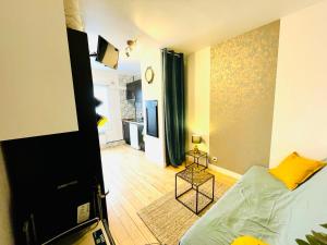 uma sala de estar com uma cama e uma televisão em Appartement au calme em Saint-Ouen