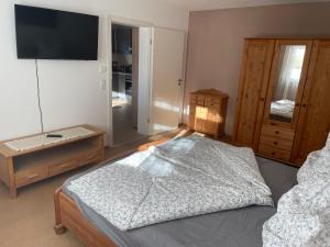 Schlafzimmer mit einem Bett und einem Flachbild-TV in der Unterkunft Ferienwohnung Albliebe in Meßstetten
