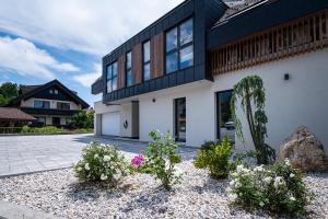 a black and white house with a cactus at LUCKA BLED quiet location, free bikes, big garden, doctor in Bled