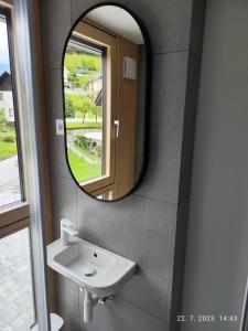 W łazience znajduje się umywalka i lustro. w obiekcie LUCKA BLED quiet location, free bikes, big garden, doctor w Bledzie