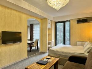 a hotel room with a bed and a tv at Full Comfort Apartment at Chavchavadze in Tbilisi City