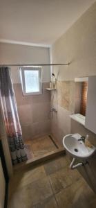a bathroom with a shower and a sink and a window at Studio apartman sa pogledom na more in Meljine