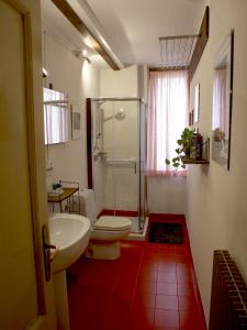 een badkamer met een douche, een toilet en een wastafel bij Casa Fantuzzi in Belluno
