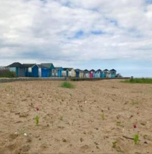 a row of houses on a beach with a field at Annie's Hideaway in Chapel Saint Leonards