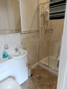 een badkamer met een douche, een wastafel en een toilet bij Lawnswood Guest House in Torquay