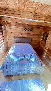 1 cama en una cabaña de madera con 2 almohadas en Çat Hause Mountain en Çamlıhemşin