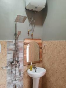 a bathroom with a sink and a mirror at Ellyz Home Stay in Moshi