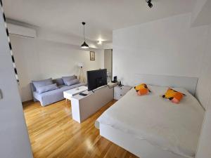 een woonkamer met een bed en een bank bij Milo Apartment in Skopje