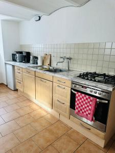 kuchnia z kuchenką i zlewem w obiekcie Knuffige Ferienwohnung im Herzen von Haiger w mieście Haiger