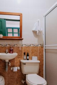 a bathroom with a toilet and a sink and a mirror at Origen Hostel Jardín in Jardin