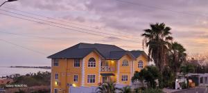 ein gelbes Haus mit einer Palme davor in der Unterkunft Faith's Villa Tobago in Diamond