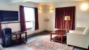 韋爾芒特的住宿－阿爾卑斯旅館，带沙发、桌子和电视的客厅