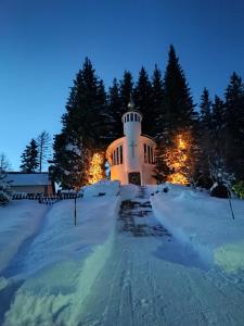 une maison dans la neige la nuit dans l'établissement Nature Living Koralm - Neue Chalets auf der Koralpe im Schi- und Wanderparadies, à Sankt Stefan im Lavanttal