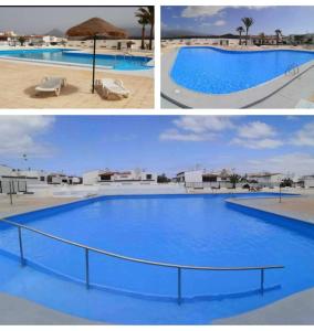eine Collage mit drei Bildern eines großen Schwimmbads in der Unterkunft casa las olas in Costa Del Silencio