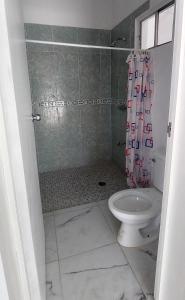 a bathroom with a shower and a toilet at Casa frida bacalar in Bacalar