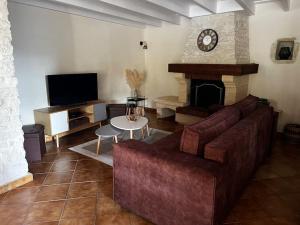uma sala de estar com um sofá e uma lareira em Gîtes du Fanal 