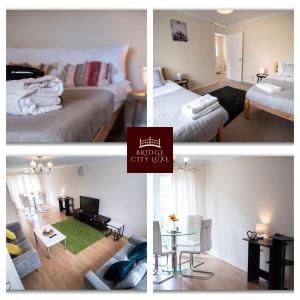 a collage of four pictures of a hotel room at BridgeCity Spacious Bartok House in the Heart of Basingstoke in Worting