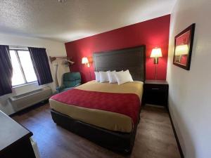 ein Hotelzimmer mit einem Bett und einer roten Wand in der Unterkunft Econo Lodge Oacoma in Oacoma