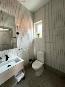 ein Badezimmer mit einem WC, einem Waschbecken und einem Spiegel in der Unterkunft The Embassy in Lund