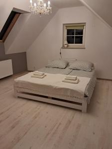 a bedroom with a large bed in a white room at Apartament Warmiński - Old Town in Biskupiec