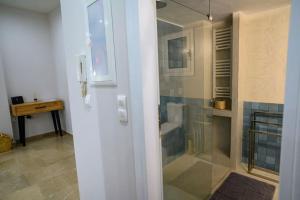 uma casa de banho com um chuveiro e uma porta de vidro em Boho 2 bdr luxury meets the East em Atenas