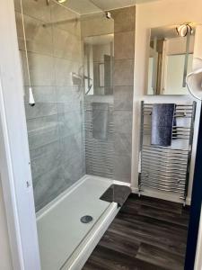 a bathroom with a shower with a glass door at Lime Tree in blue Duplex Serviced Apartment in Cambridge