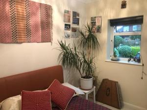 a living room with a couch and a potted plant at Serene spacious room (double) in gorgeous bungalow on river near Thorpe park and Holloway University Egham in Staines upon Thames