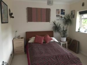 sypialnia z łóżkiem z 2 czerwonymi poduszkami w obiekcie Serene spacious room (double) in gorgeous bungalow on river near Thorpe park and Holloway University Egham w mieście Staines upon Thames