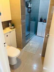 W łazience znajduje się toaleta i przeszklony prysznic. w obiekcie Serene spacious room (double) in gorgeous bungalow on river near Thorpe park and Holloway University Egham w mieście Staines upon Thames