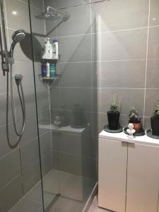 W łazience znajduje się prysznic ze szklanymi drzwiami. w obiekcie Serene spacious room (double) in gorgeous bungalow on river near Thorpe park and Holloway University Egham w mieście Staines upon Thames