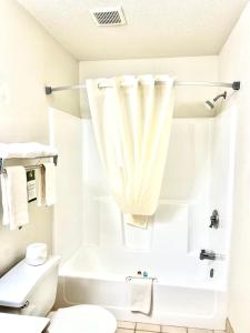 uma casa de banho branca com um WC e um chuveiro em Econo Lodge Oacoma em Oacoma
