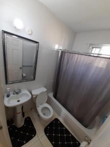 a bathroom with a toilet and a sink and a mirror at Seville Meadows 3 - Johns Road Spanish Town in Spanish Town +3 photos