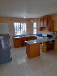 a kitchen with wooden cabinets and a counter top at Seville Meadows 3 - Johns Road Spanish Town in Spanish Town