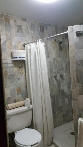 e bagno con servizi igienici e tenda per la doccia. di Hoteli Alifer Tlaxcala X TECAL LIVING a Tlaxcala de Xicohténcatl