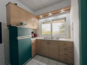 a kitchen with a green refrigerator and a window at ELVAJO Apartment in Zacharo