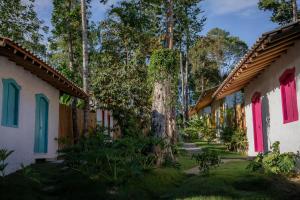a row of houses with colorful doors and trees at Villa Mediterrâneo Trancoso in Trancoso