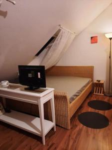 een kamer met een bed en een bureau met een computer bij Casa Maria in Weingarten