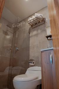 W łazience znajduje się toaleta i przeszklony prysznic. w obiekcie Hotel Encanto w mieście Manizales