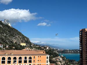 um avião sobrevoando uma cidade e um edifício em Vue Mer à Proximité de Monaco em Beausoleil