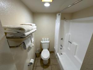 a bathroom with a toilet and a shower with towels at Vista Inn in Vista