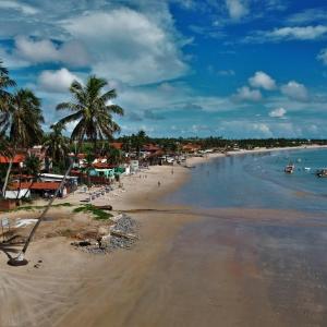a beach with palm trees and the ocean with boats at CASA PARRACHO Maracajaú in Maxaranguape