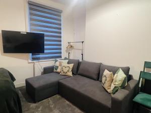 sala de estar con sofá y TV de pantalla plana en Impeccable 1 Bedroom Flat in Central London, en Londres