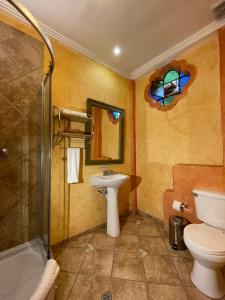 La salle de bains est pourvue de toilettes, d'un lavabo et d'une douche. dans l'établissement NASS Casa del Aguila, à Cuenca
